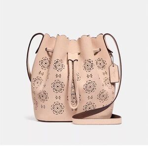 Coach Suede Bucket Bag with laser cut Tea Roses, color Beechwood , 18 inches